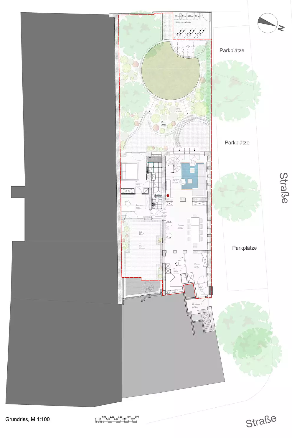 Leitidee dieser ebenerdiges Wohnung mit maximalem Gartenbezug: Aufenthaltsräume orientieren sich zu den Grünflächen, Nebenräume sind kompakt organisiert.